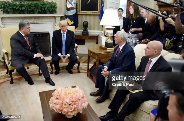 President Donald Trump meets with President Petro Poroshenko of Ukraine as National Security Advisor H.R. McMaster and Vice President Mike Pence look...