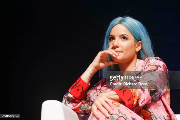 Grammy nominated singer and songwriter Halsey speaks during the Cannes Lions Festival 2017 on June 20, 2017 in Cannes, France.