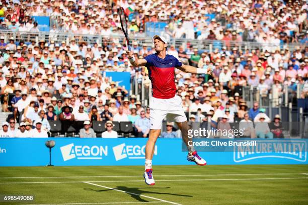 Andy Murray of Great Britain plays a volley during the mens singles first round match against Jordan Thompson of Australia on day two of the 2017...