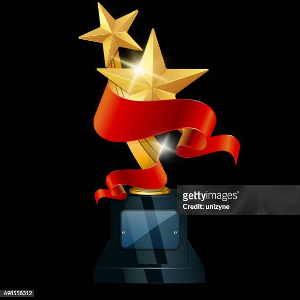 gold shield with red banner - awards trophies stock illustrations