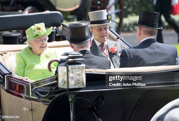 Queen Elizabeth II, Prince Philip, Duke of Edinburgh, Prince Andrew, Duke of York and Lord Vestey are seen during the Royal Procession on day 1 of...