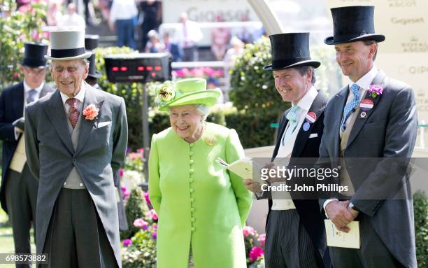 Prince Philip, Duke of Edinburgh, Queen Elizabeth II, John Warren and Johnny Weatherby attend day 1 of Royal Ascot 2017 at Ascot Racecourse on June...