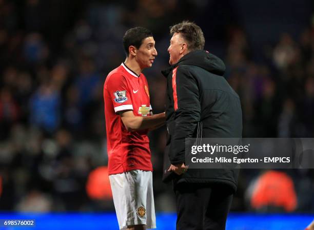 Manchester United manager Louis van Gaal congratulates Angel Di Maria at the final whistle