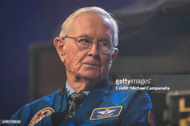 Charlie Duke participates in a roundtable discussion during the Starmus Festival on June 20, 2017 in Trondheim, Norway.