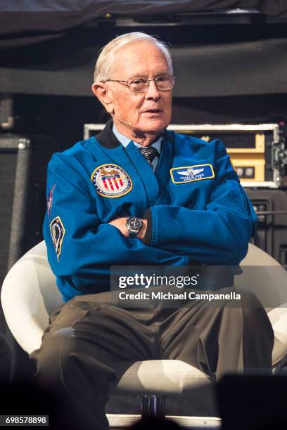 Charlie Duke participates in a roundtable discussion during the Starmus Festival on June 20, 2017 in Trondheim, Norway.