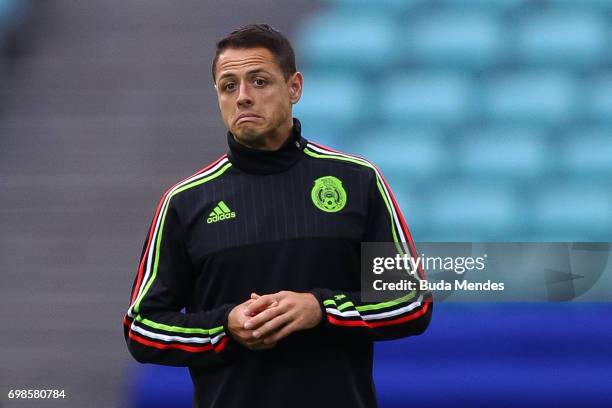 Javier Hernandez reacts prior to a Mexico training session during the FIFA Confederations Cup Russia 2017 at Fisht Olympic Stadium on June 20, 2017...