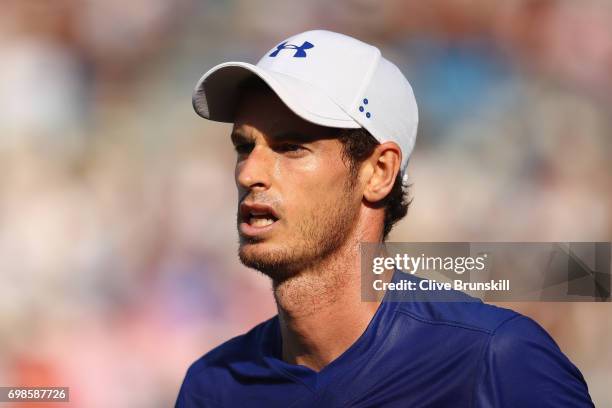 Andy Murray of Great Britain looks dejected during the mens singles first round match against Jordan Thompson of Australia on day two of the 2017...