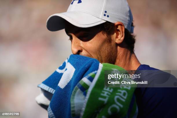 Andy Murray of Great Britain looks dejected during the mens singles first round match against Jordan Thompson of Australia on day two of the 2017...