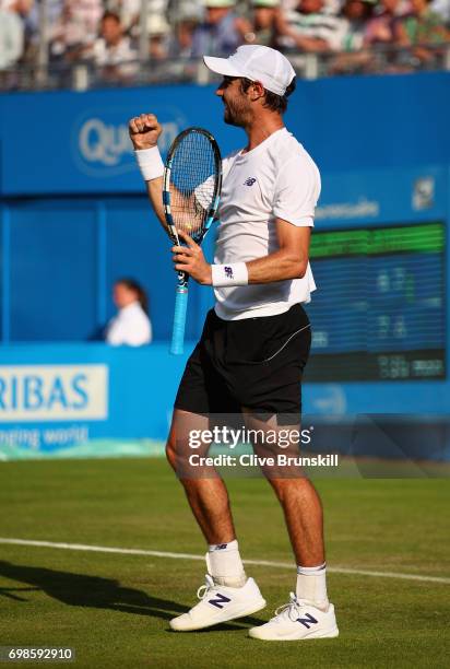 Jordan Thompson of Australia celebrates victory during the mens singles first round match against Andy Murray of Great Britain on day two of the 2017...