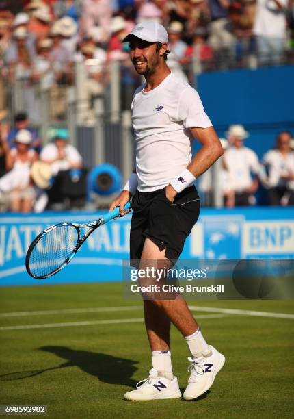 Jordan Thompson of Australia celebrates victory during the mens singles first round match against Andy Murray of Great Britain on day two of the 2017...