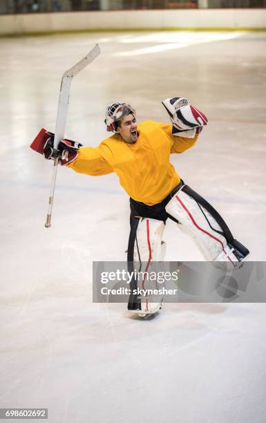 full length of successful ice hockey goalie screaming of joy in a rink. - ice hockey player stock pictures, royalty-free photos & images