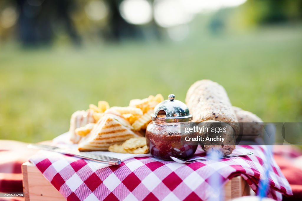 Nahaufnahme von Picknick Essen am gedeckten Tisch