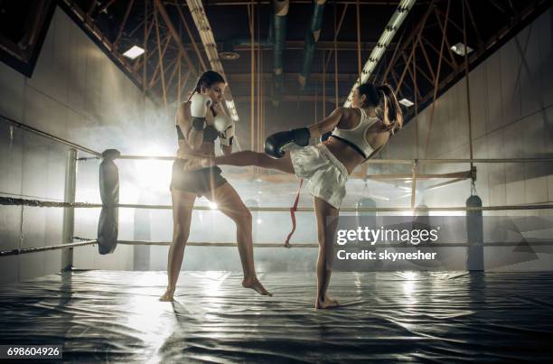 tutta la lunghezza delle donne atletiche che combattono in una partita di kickboxing in un centro benessere. - womens boxing foto e immagini stock