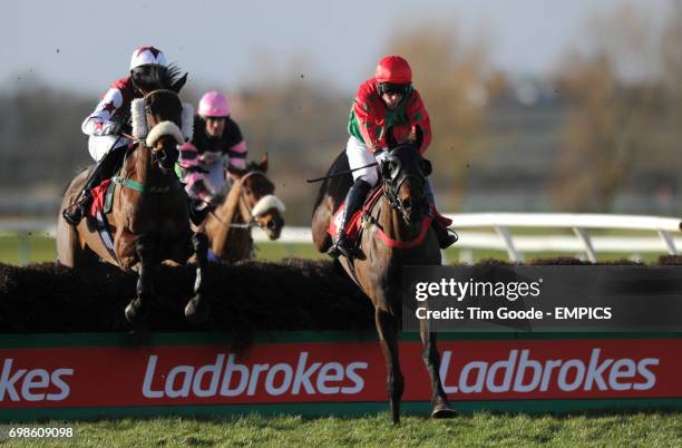 Mondo Cane ridden by Adam Pogson ahead of Oscar O'scar ridden by Steven Fox jumps the last hurdle before winning the Ladbrokes Novices' Handicap...