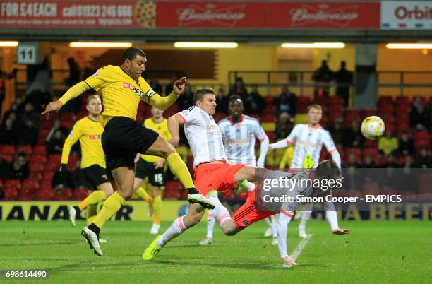 Watford's Troy Deeney scores his side's first goal of the game