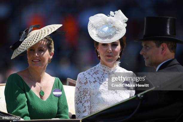 The Countess of Wessex and the Duchess of Cambridge arrive with Prince Edward for the opening day of Royal Ascot at Ascot Racecourse on June 20, 2017...