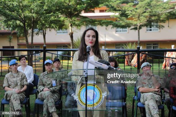 Actress and the UN refugee agency UNHCR Special Envoy Angelina Jolie addresses the media during her visit to the International Peace Support Centre...