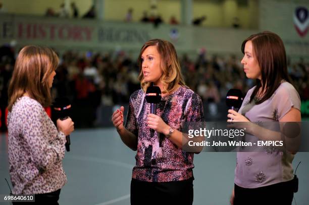 Sky Sports presenter Anna Woolhouse chats with Manchester Thunder coach Karen Greig and Surrey Storm's Becky Trippick