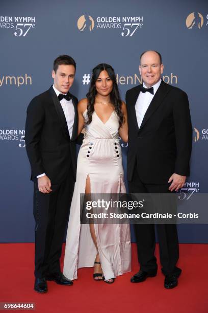 Louis Ducruet, his girlfriend Marie pose with Prince Albert II of Monaco as they attend the 57th Monte Carlo TV Festival : Closing Ceremony on June...