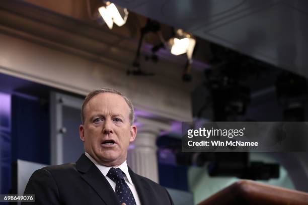White House press secretary Sean Spicer responds to questions during a briefing at the White House June 20, 2017 in Washington, DC. Spicer answered a...