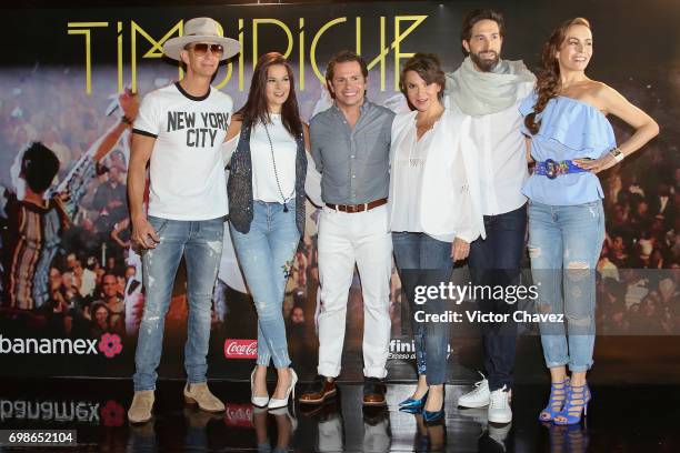 Erick Rubin, Alix Bauer, Diego Schoening, Mariana Garza, Benny Ibarra and Sasha Sokol of Timbiriche attend a press conference to promote their...