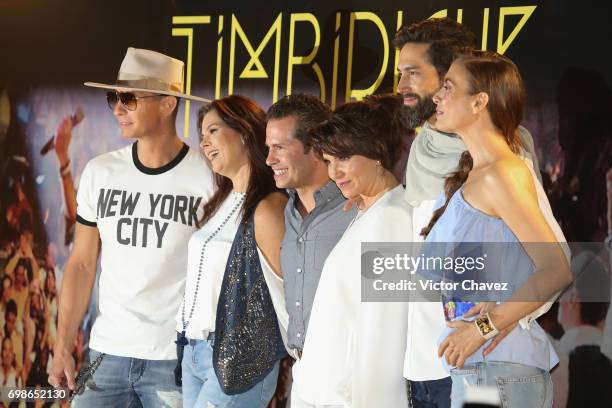 Erick Rubin, Alix Bauer, Diego Schoening, Mariana Garza, Benny Ibarra and Sasha Sokol of Timbiriche attend a press conference to promote their...