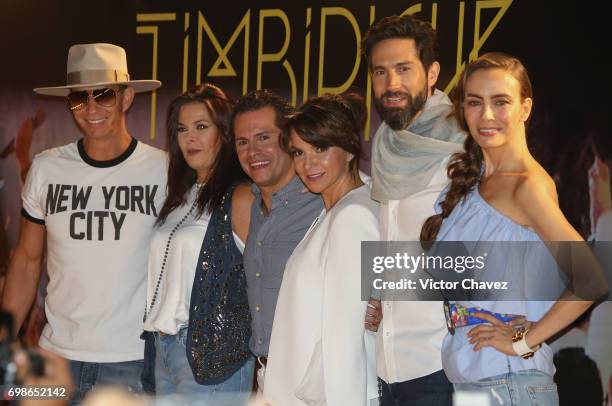 Erick Rubin, Alix Bauer, Diego Schoening, Mariana Garza, Benny Ibarra and Sasha Sokol of Timbiriche attend a press conference to promote their...