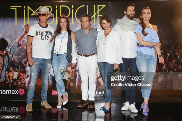 Erick Rubin, Alix Bauer, Diego Schoening, Mariana Garza, Benny Ibarra and Sasha Sokol of Timbiriche attend a press conference to promote their...