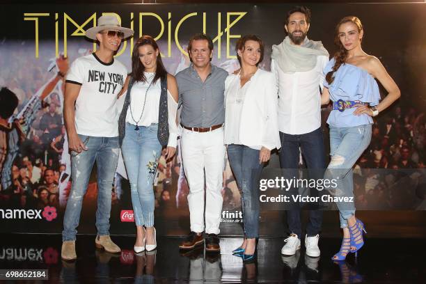 Erick Rubin, Alix Bauer, Diego Schoening, Mariana Garza, Benny Ibarra and Sasha Sokol of Timbiriche attend a press conference to promote their...