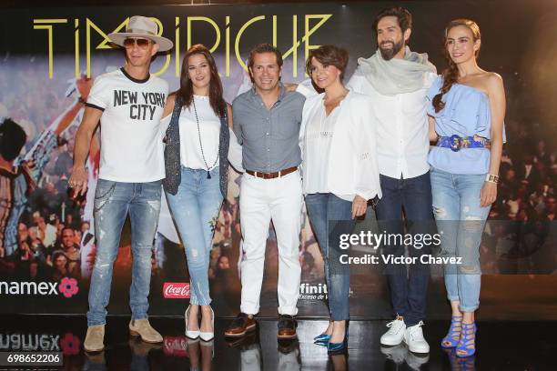 Erick Rubin, Alix Bauer, Diego Schoening, Mariana Garza, Benny Ibarra and Sasha Sokol of Timbiriche attend a press conference to promote their...