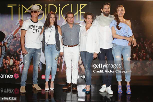 Erick Rubin, Alix Bauer, Diego Schoening, Mariana Garza, Benny Ibarra and Sasha Sokol of Timbiriche attend a press conference to promote their...