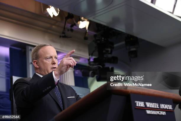 White House press secretary Sean Spicer responds to questions during a briefing at the White House June 20, 2017 in Washington, DC. Spicer answered a...