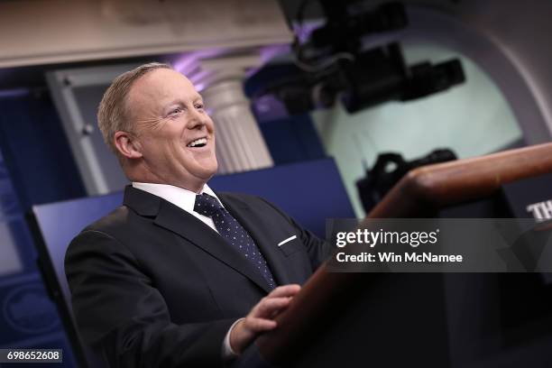 White House press secretary Sean Spicer responds to questions during a briefing at the White House June 20, 2017 in Washington, DC. Spicer answered a...