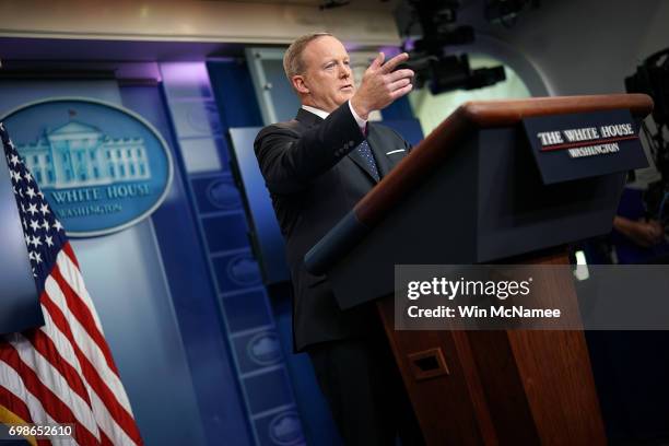 White House press secretary Sean Spicer responds to questions during a briefing at the White House June 20, 2017 in Washington, DC. Spicer answered a...