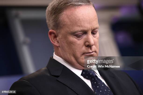 White House press secretary Sean Spicer responds to questions during a briefing at the White House June 20, 2017 in Washington, DC. Spicer answered a...