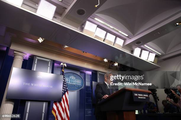 White House press secretary Sean Spicer responds to questions during a briefing at the White House June 20, 2017 in Washington, DC. Spicer answered a...