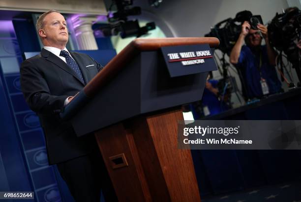 White House press secretary Sean Spicer responds to questions during a briefing at the White House June 20, 2017 in Washington, DC. Spicer answered a...