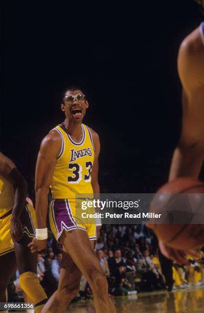 Finals: Closeup of Los Angeles Lakers Kareem Abdul Jabbar victorious during Game 3 vs Boston Celtics at The Forum. Inglewood, CA 6/3/1984 CREDIT:...