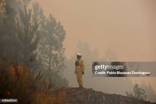 Firefighter watches flames approaching to Mega Fundeira village after a wildfire took dozens of lives on June 20, 2017 near Picha, in Leiria...