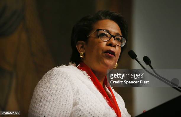 Former Attorney General Loretta Lynch speaks at the New York Historical Society on June 20, 2017 in New York City. Lynch, who served under President...