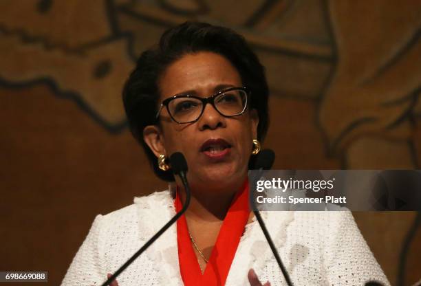 Former Attorney General Loretta Lynch speaks at the New York Historical Society on June 20, 2017 in New York City. Lynch, who served under President...