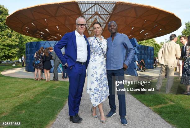 Hans-Ulrich Obrist, Artistic Director of the Serpentine Galleries, Yana Peel, CEO of the Serpentine Galleries and architect Francis Kere attend a...