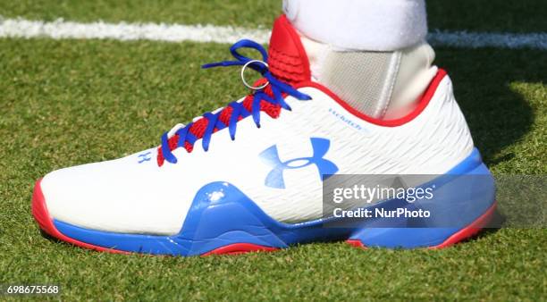 Andy Murray GBR shoe with his weeding on the lace during Round One match on the second day of the ATP Aegon Championships at the Queen's Club in west...