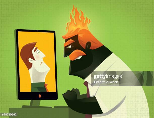 angry boss blaming colleague via internet - two computer screens stock illustrations