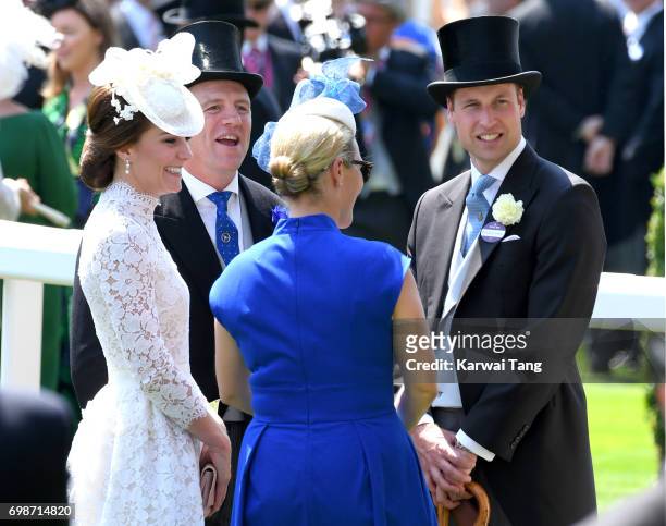 Catherine, Duchess of Cambridge, Mike Tindall, Zara Phillips and Prince William, Duke of Cambridge attend Royal Ascot 2017 at Ascot Racecourse on...