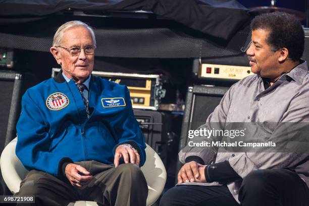 Charlie Duke and Neil de Grasse Tyson participate in a roundtable discussion during the Starmus Festival on June 20, 2017 in Trondheim, Norway.