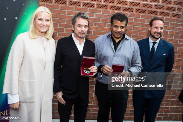 Crown Prince Haakon and Princess Mette-Marit of Norway pose for a picture with Jean-Michel Jarre and Neil de Grasse Tyson during the Starmus Festival...