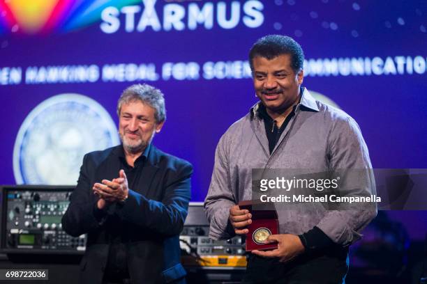 Neil de Grasse Tyson receives the Stephen Hawking Medal for Science Communication during the Starmus Festival on June 20, 2017 in Trondheim, Norway.