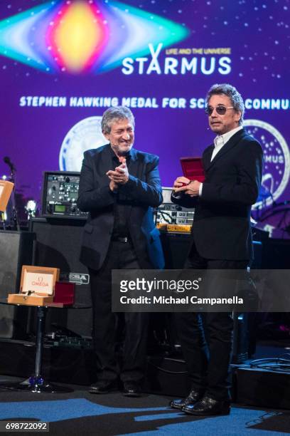 Jean-Michel Jarre receives the Stephen Hawking Medal for Science Communication during the Starmus Festival on June 20, 2017 in Trondheim, Norway.