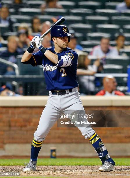 Nick Franklin of the Milwaukee Brewers in action against the New York Mets at Citi Field on May 31, 2017 in the Flushing neighborhood of the Queens...